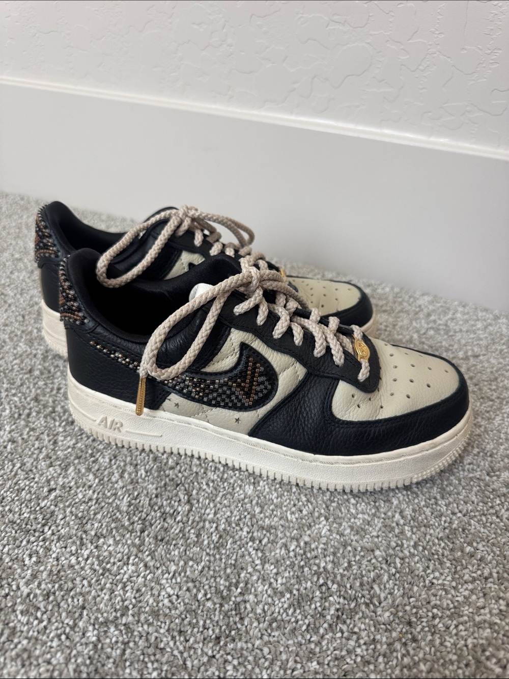 Nike Low-Top Sneakers — Black & Cream with Beaded Swoosh